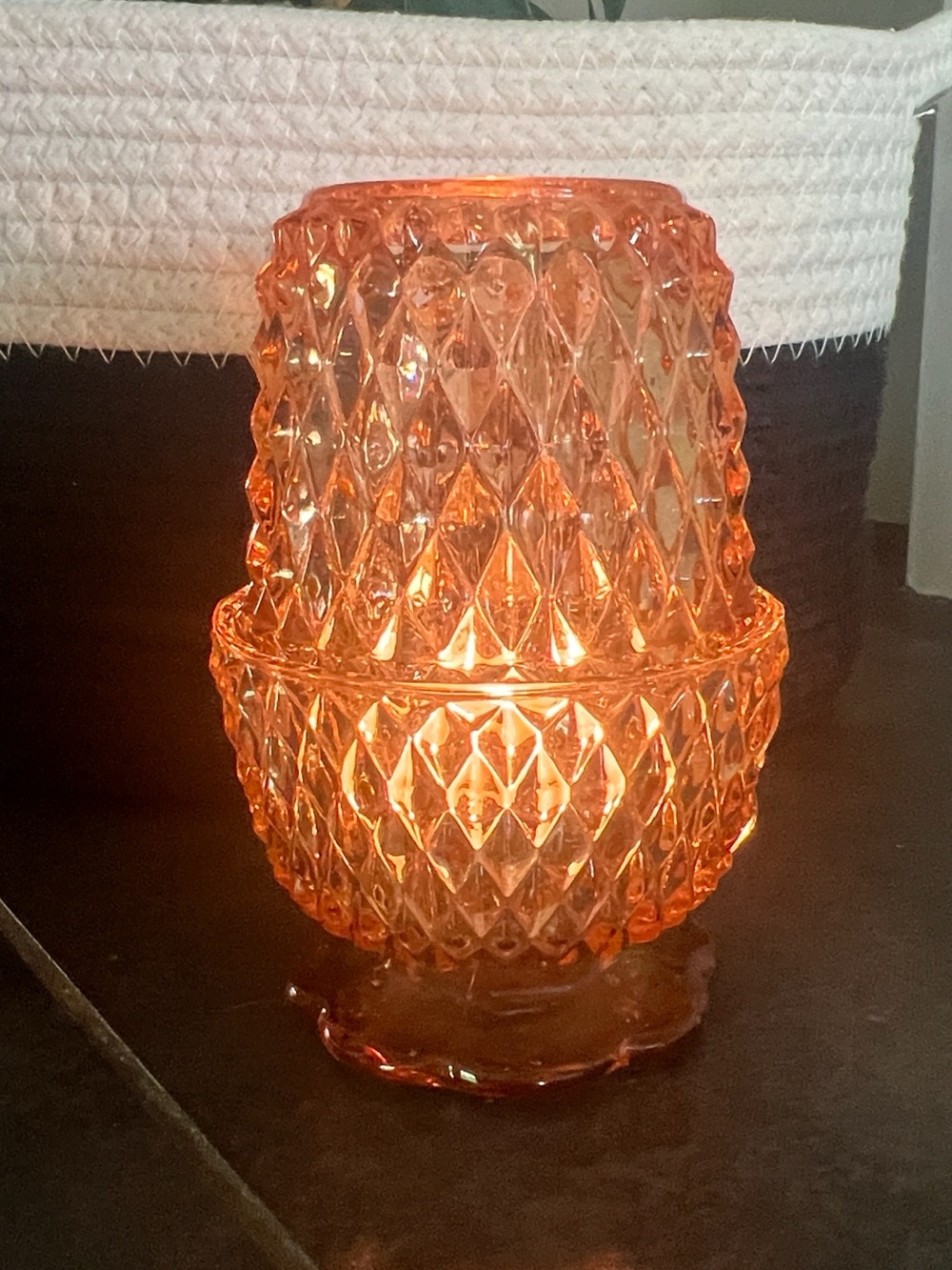 Vintage Indiana Glass Diamond Point Fairy Lamp in Peach Pink Glass